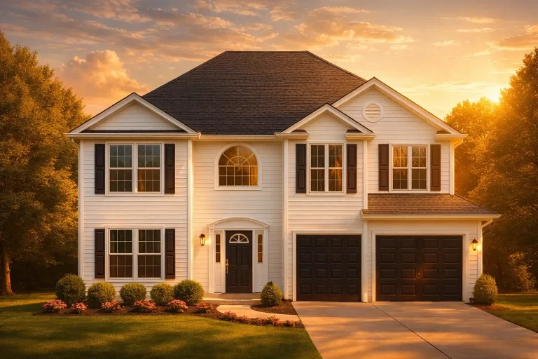 Front exterior of a Traditional Colonial style two-story home with white horizontal siding, black shutters, symmetrical windows, and attached garage