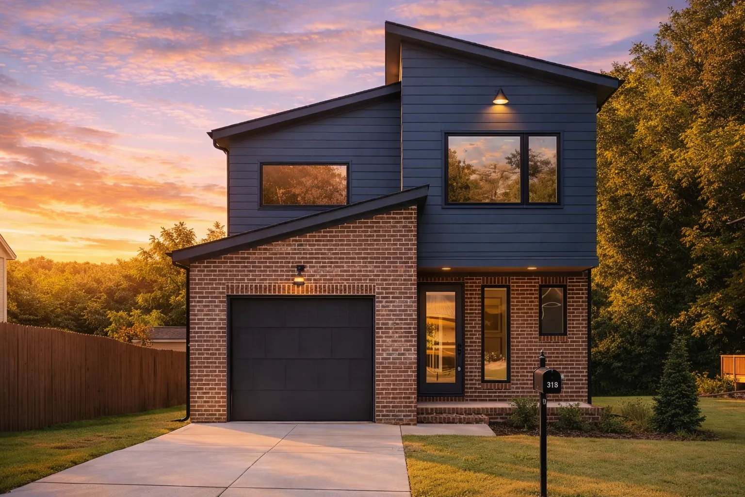 Front elevation of a modern contemporary two-story home featuring stone and horizontal siding, asymmetrical rooflines, and large windows for natural light