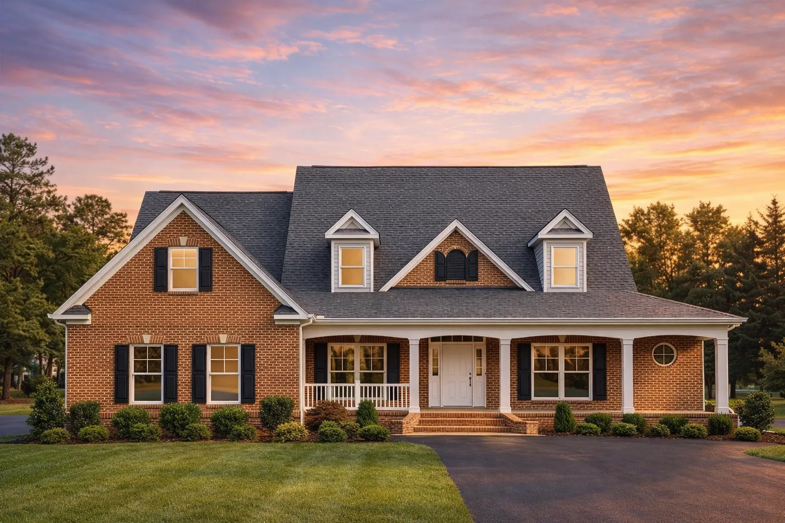 Front view of a Cape Cod Traditional style home with white clapboard siding, gabled roof with dormers, and a welcoming covered front porch