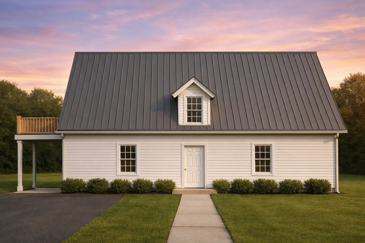Front view of Cape Cod Cottage style home featuring white siding, steep gable roof, and central dormer window for timeless curb appeal