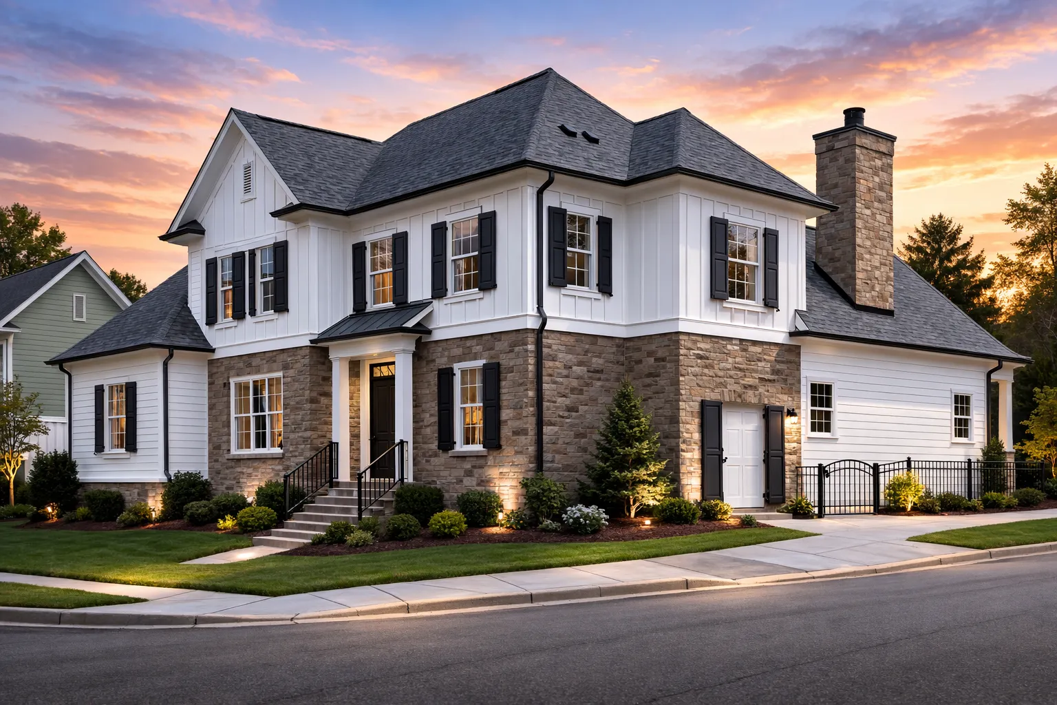 Front elevation of a Traditional Colonial style home featuring brick exterior, board and batten gable accents, black shutters, and symmetrical windows