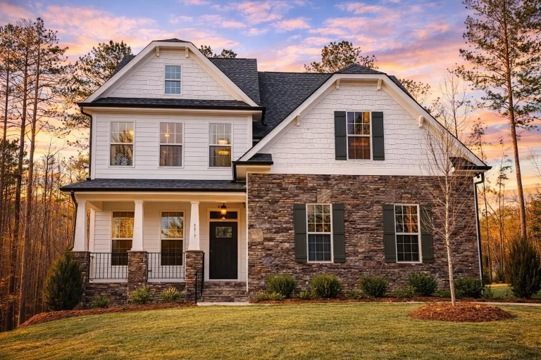 Front elevation of a New American style house featuring stone exterior, shake siding, white trim, and covered front porch