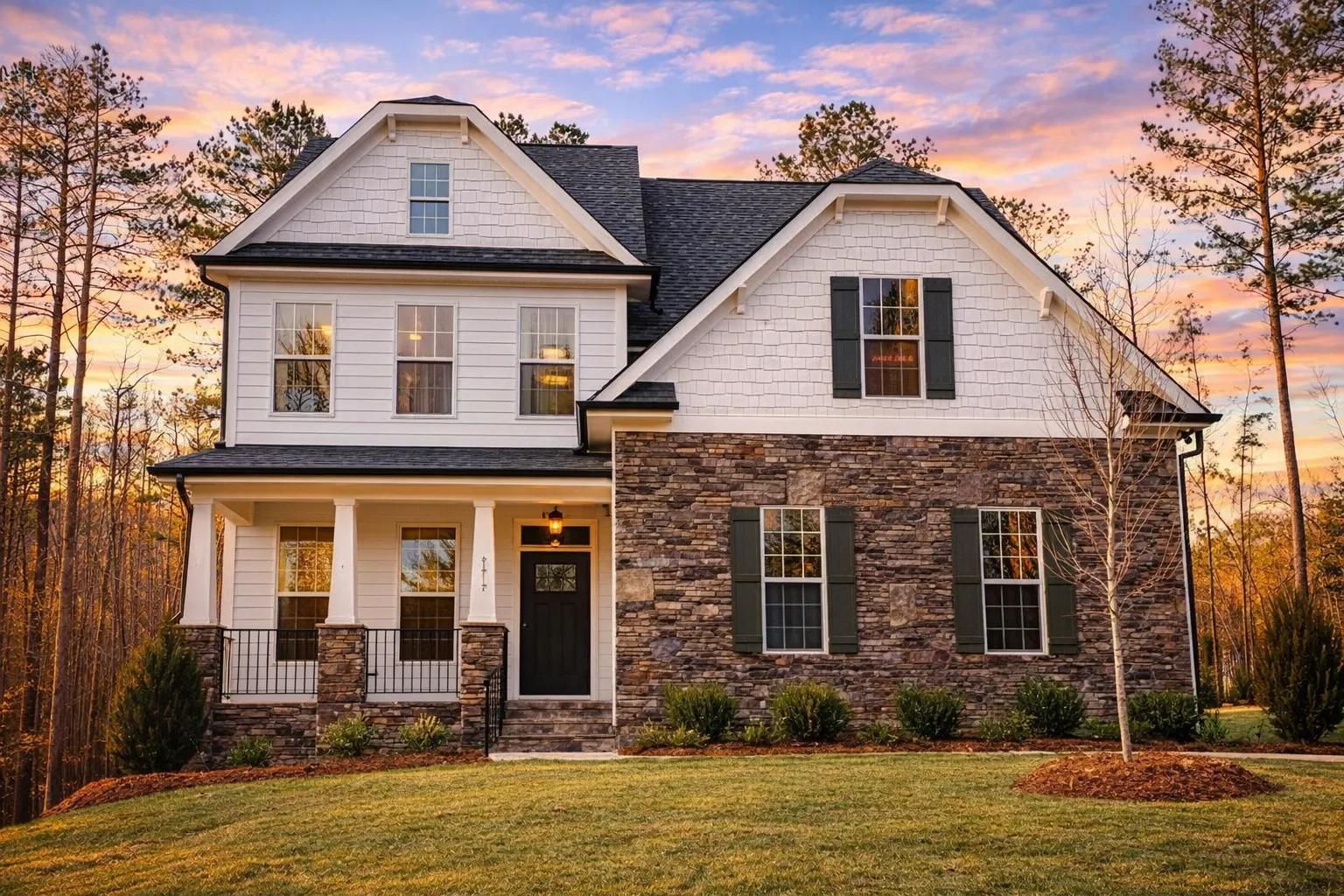 Front elevation of a New American style house featuring stone exterior, shake siding, white trim, and covered front porch
