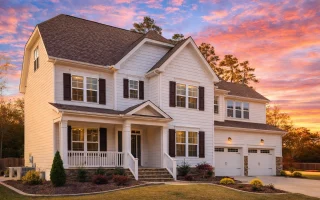 Front elevation of Traditional Colonial house with white lap siding, shake gables, covered porch, and attached two-car garage