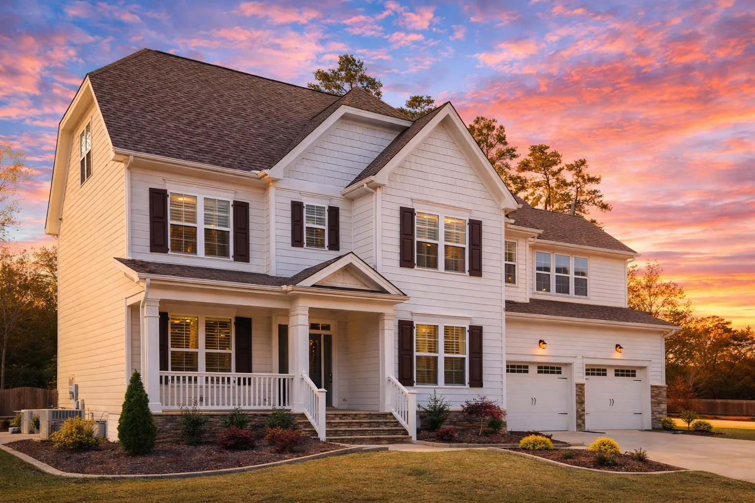 Front elevation of Traditional Colonial house with white lap siding, shake gables, covered porch, and attached two-car garage