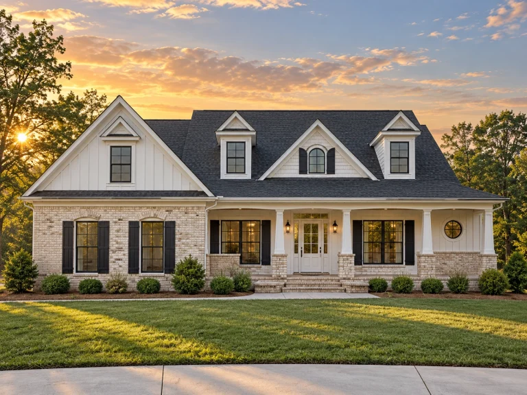 House Plans with Recreation Room 4 Front view of a Cape Cod Traditional style home with white clapboard siding, gabled roof with dormers, and a welcoming covered front porch
