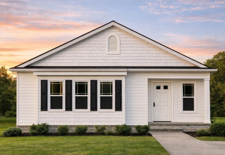 Front exterior view of a Traditional Ranch home featuring horizontal siding, shake accents, and symmetrical Craftsman-inspired detailing