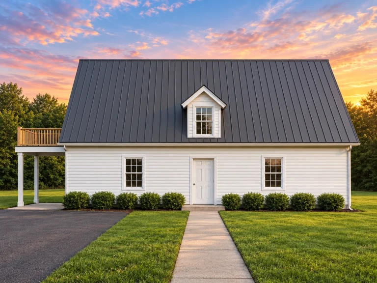 Front view of Cape Cod Cottage style home featuring white siding, steep gable roof, and central dormer window for timeless curb appeal