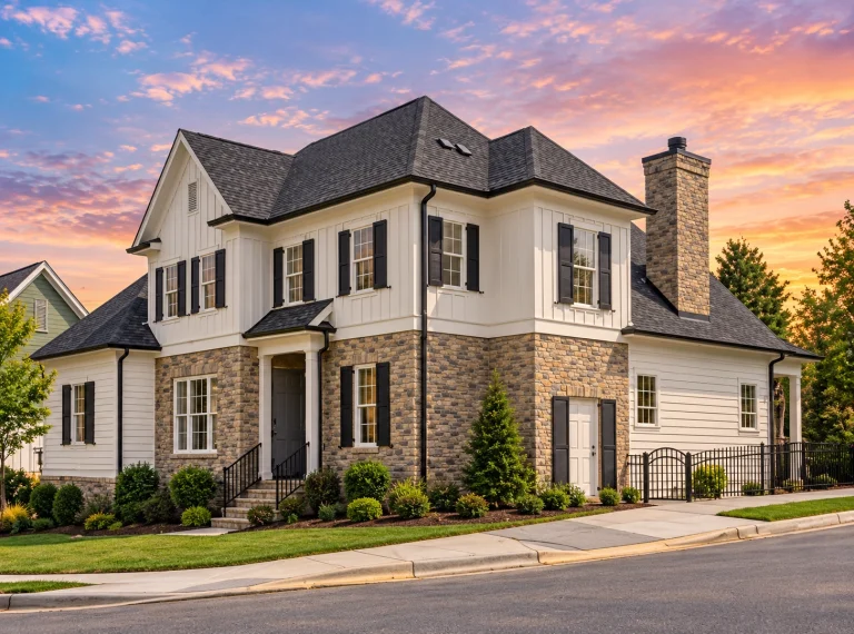 Cottage House Plans 4 Front elevation of a Traditional Colonial style home featuring brick exterior, board and batten gable accents, black shutters, and symmetrical windows