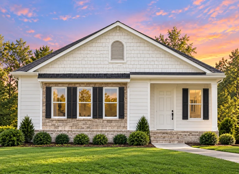 Front exterior view of a Traditional Ranch home featuring horizontal siding, shake accents, and symmetrical Craftsman-inspired detailing