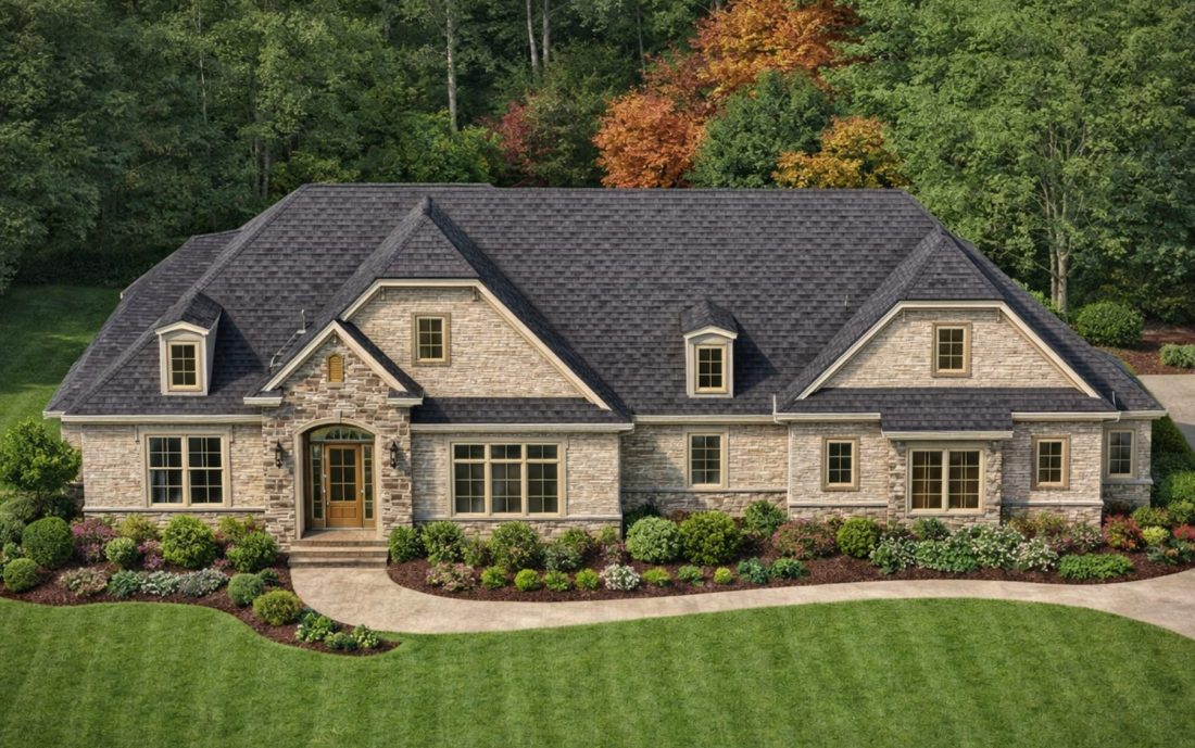 Front elevation of a French Country and Traditional European style home with light brick exterior, stone entry, steep dark shingle roof, and dormer windows