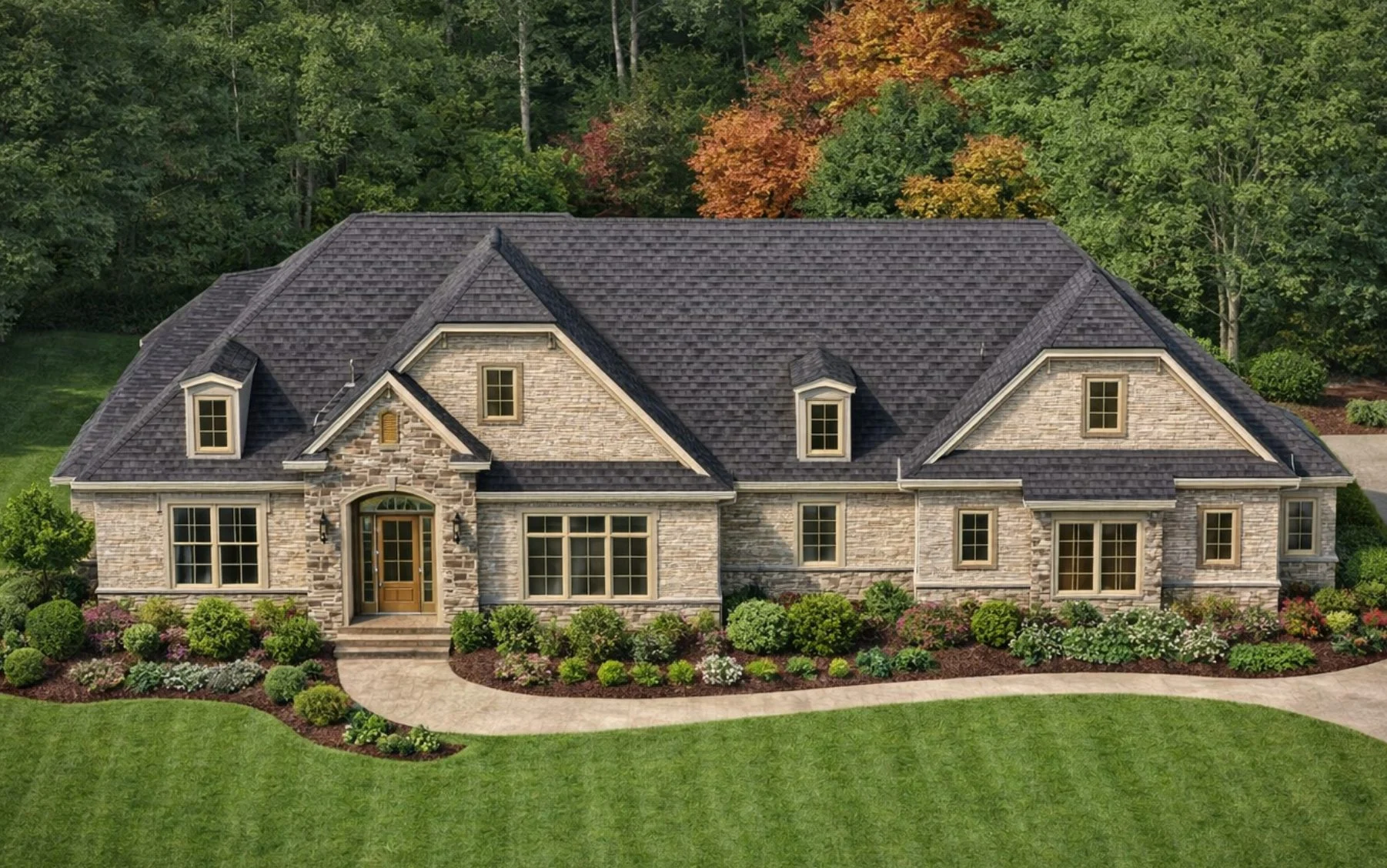 Front elevation of a French Country and Traditional European style home with light brick exterior, stone entry, steep dark shingle roof, and dormer windows