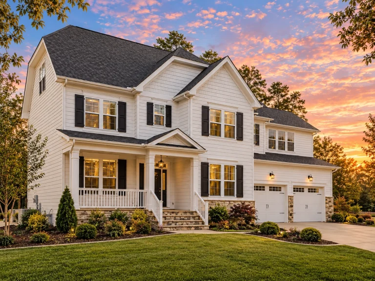 Front elevation of Traditional Colonial house with white lap siding, shake gables, covered porch, and attached two-car garage