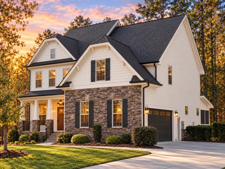 Front elevation of a New American style house featuring stone exterior, shake siding, white trim, and covered front porch