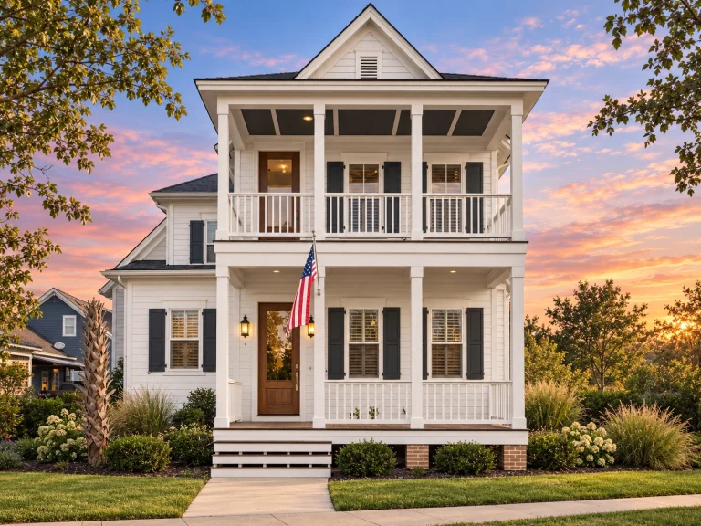 Front elevation of a Coastal Colonial style home featuring horizontal lap siding, symmetrical façade, and stacked covered porches