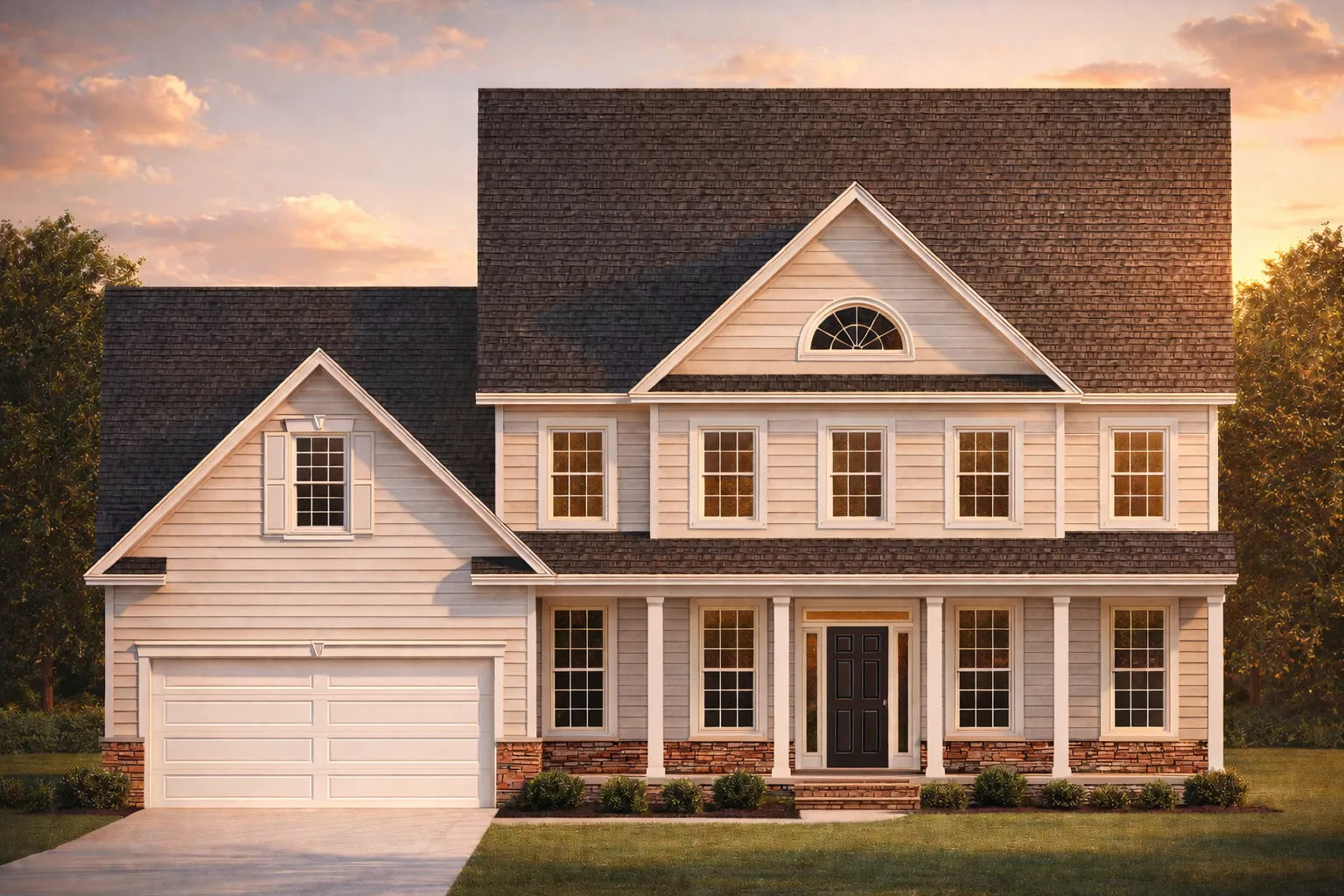 Front elevation of a Traditional Colonial style home with horizontal siding, brick foundation accents, centered entry, and attached garage