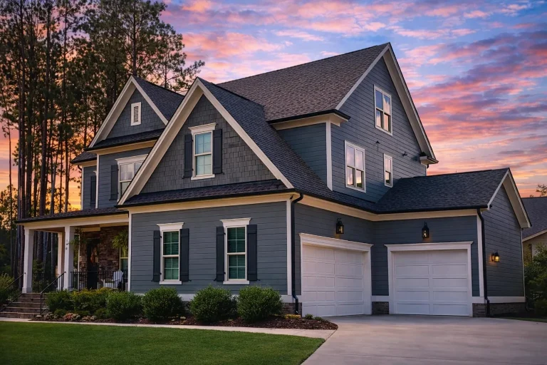 Front exterior view of a Traditional suburban home with horizontal siding, gabled rooflines, and an attached two-car garage