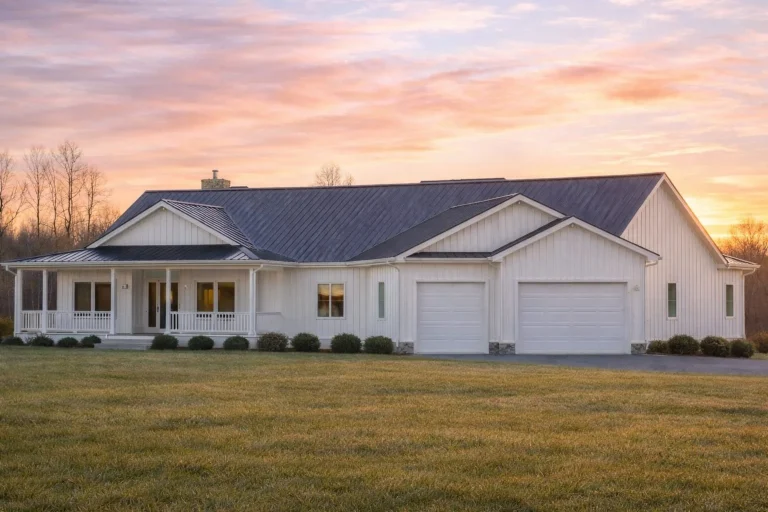 Front elevation of a modern farmhouse ranch style home with horizontal siding, dark metal roof, covered front porch, and attached garage