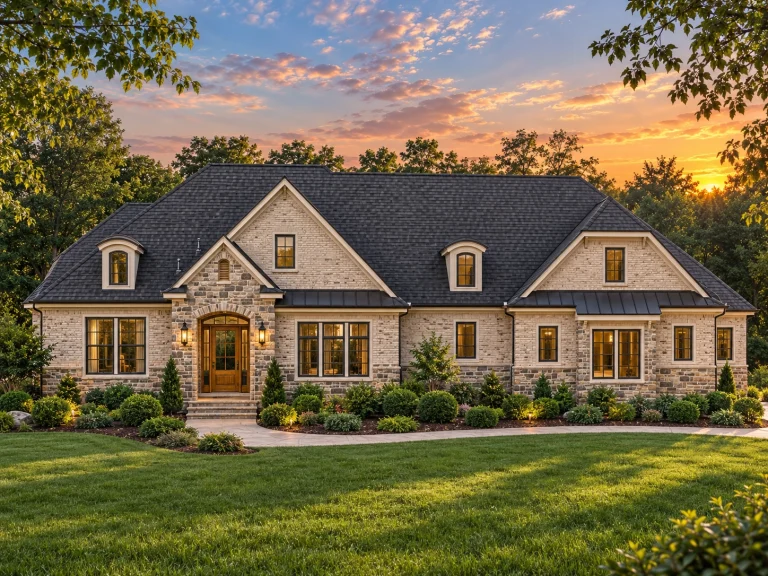 Georgian House Plans 24 Front elevation of a French Country and Traditional European style home with light brick exterior, stone entry, steep dark shingle roof, and dormer windows