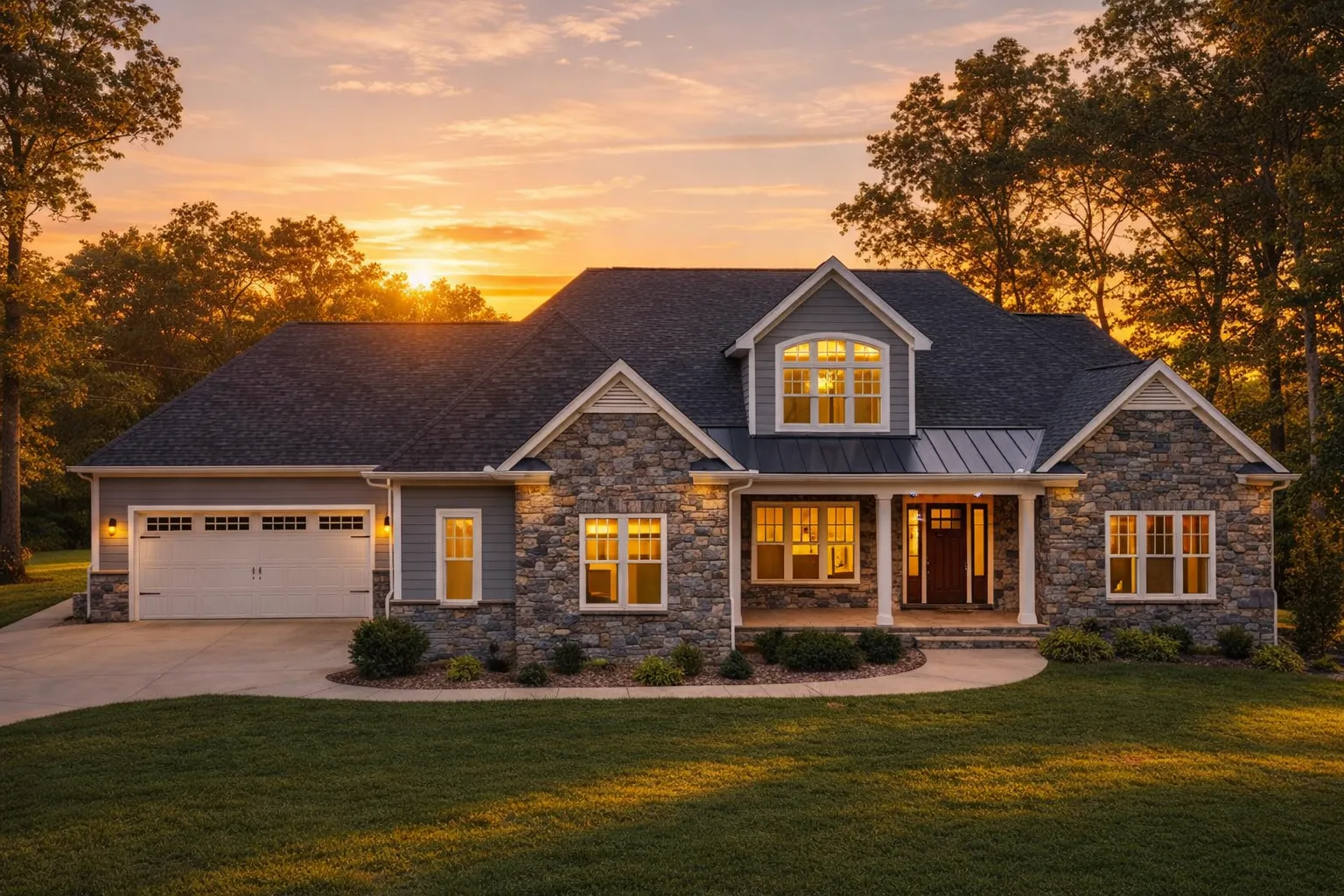 Cabin House Plans 25 Front exterior of a New American ranch style house featuring stone veneer, board and batten siding, metal porch roof, and warm interior lighting at sunset