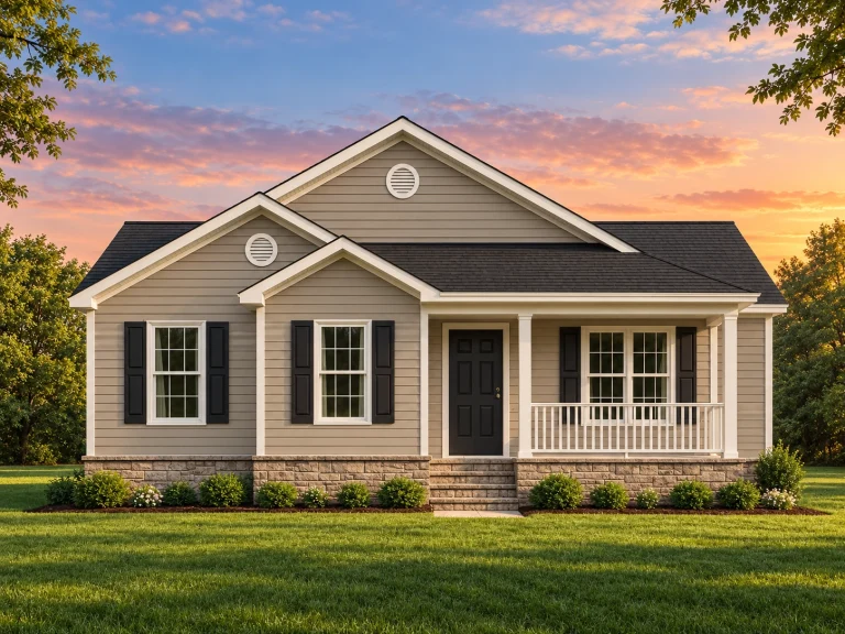 Front elevation of a Traditional Ranch style house featuring horizontal siding, stone wainscot base, symmetrical façade, and covered porch
