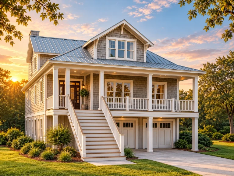 Front view of a coastal shingle style beach house with elevated foundation, wide porch, and shingle siding exterior