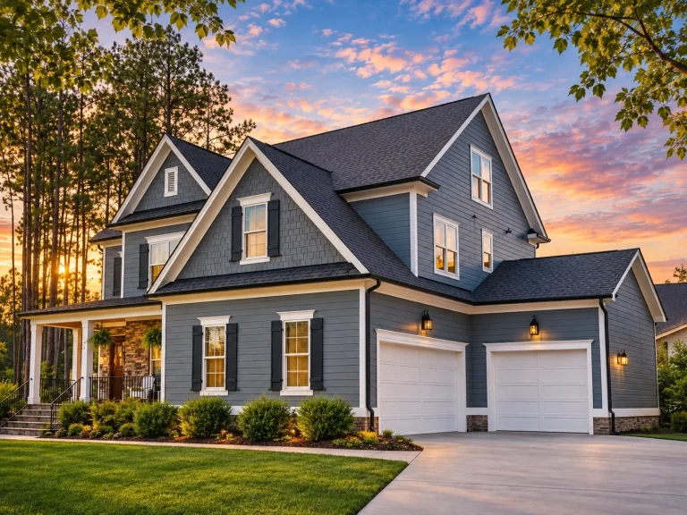 Front exterior view of a Traditional suburban home with horizontal siding, gabled rooflines, and an attached two-car garage