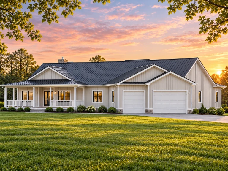 Front elevation of a modern farmhouse ranch style home with horizontal siding, dark metal roof, covered front porch, and attached garage