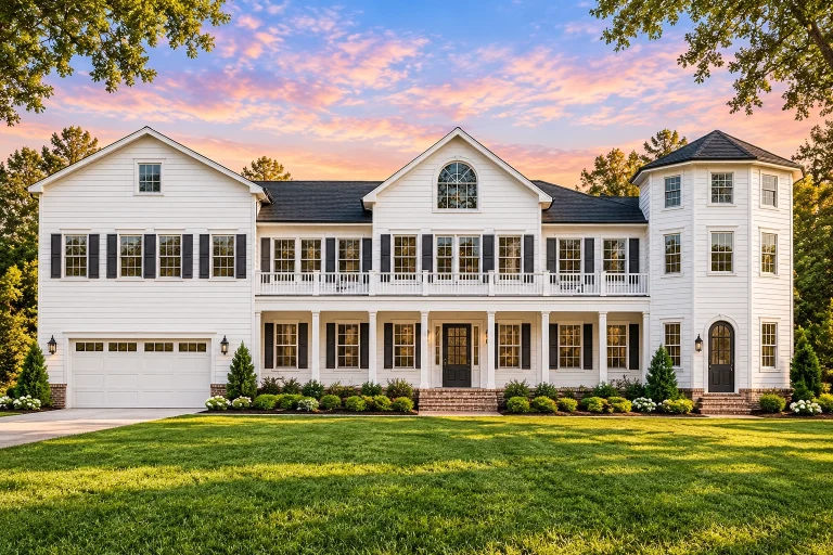 Front elevation of Colonial Revival style home with white horizontal lap siding, symmetrical facade, shutters, and multi-pane windows