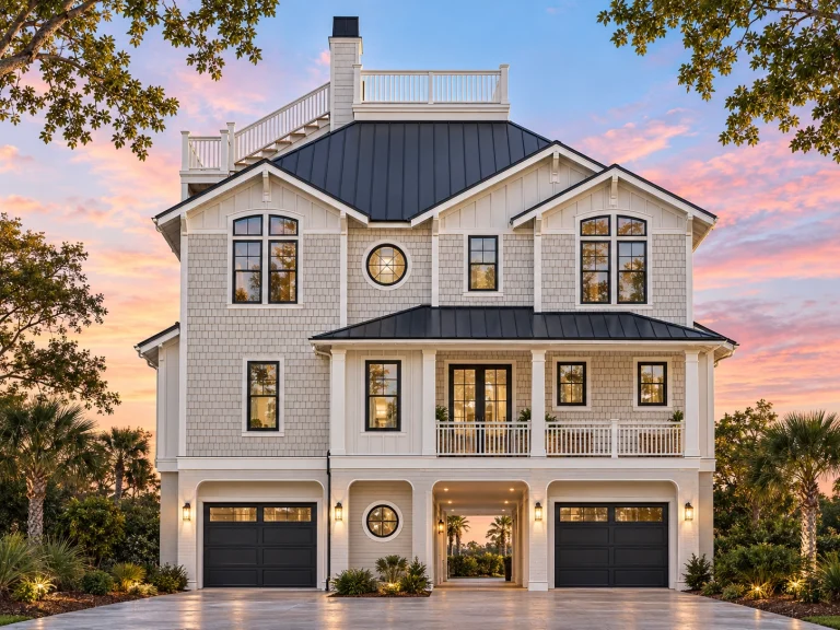 Front elevation of Coastal Traditional Low Country style beach house with elevated garage, wraparound porch, rooftop deck, and horizontal lap siding