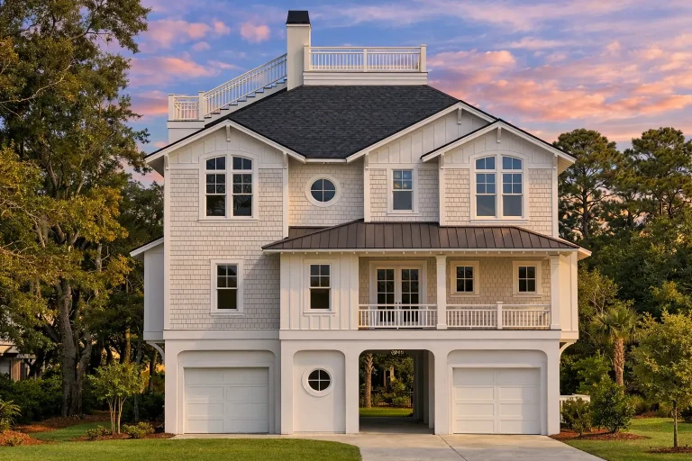 Front elevation of Coastal Traditional Low Country style beach house with elevated garage, wraparound porch, rooftop deck, and horizontal lap siding