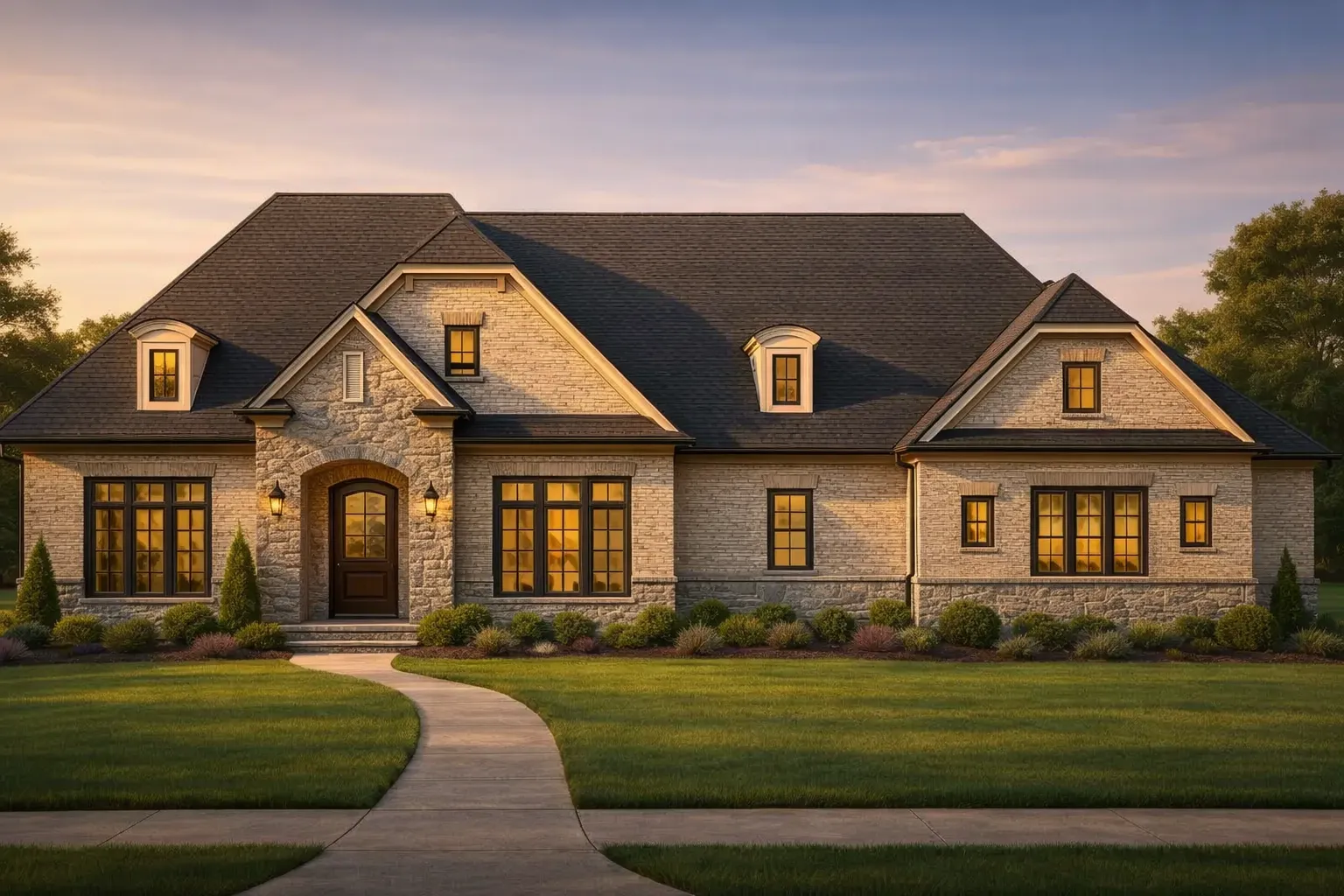 House Plans with Rear Entry Garage 19 Front elevation of a French Country and Traditional European style home with light brick exterior, stone entry, steep dark shingle roof, and dormer windows