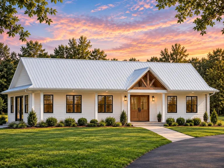 Front view of a Modern Farmhouse Ranch style home with white horizontal lap siding, black windows, and a gabled metal roof over the entry porch