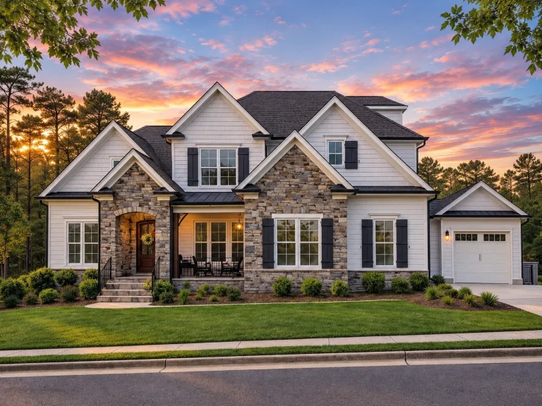 Front exterior view of a New American modern traditional house with stone façade, horizontal siding, shingle details, and welcoming covered porch