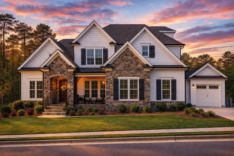 Front exterior view of a New American modern traditional house with stone façade, horizontal siding, shingle details, and welcoming covered porch