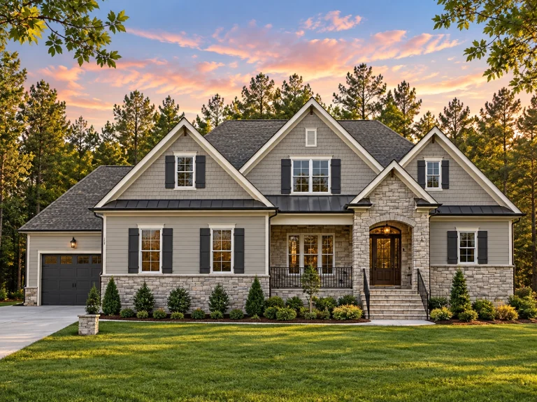 Front view of a Traditional Ranch style home featuring stone, brick, and siding exterior with arched entry, black shutters, and a side-entry garage
