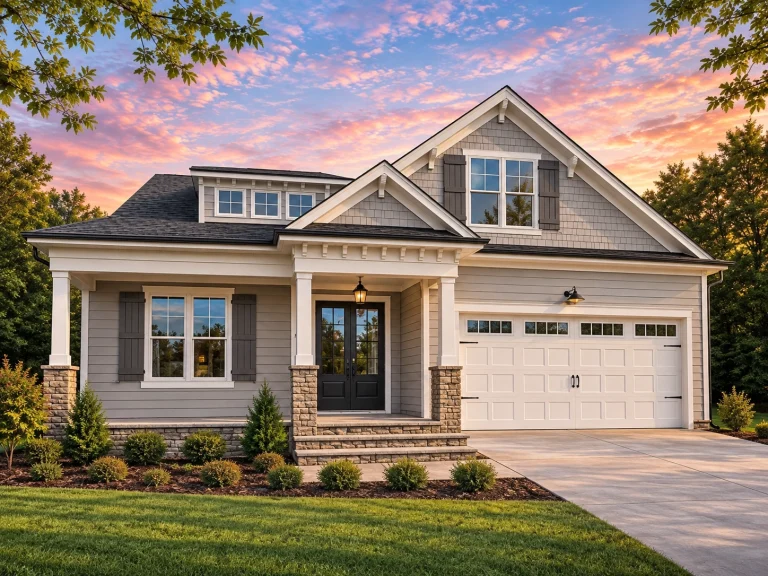 Front elevation of Craftsman ranch home with horizontal lap siding, stone base columns, gabled roof, and attached two-car garage