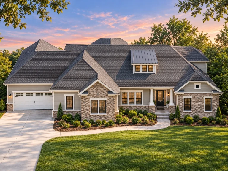 Ranch House Plans 21 Front exterior of a New American ranch style house featuring stone veneer, board and batten siding, metal porch roof, and warm interior lighting at sunset
