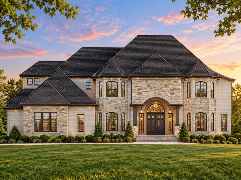 Front elevation of a Georgian Revival and Traditional Colonial brick home with stone accents, symmetrical façade, arched central entry, and hip roof