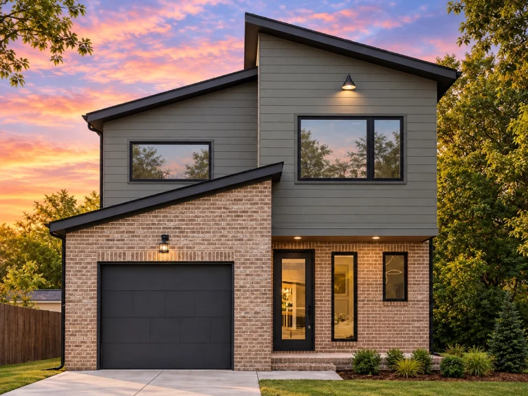 Front elevation of a modern contemporary two-story home featuring stone and horizontal siding, asymmetrical rooflines, and large windows for natural light