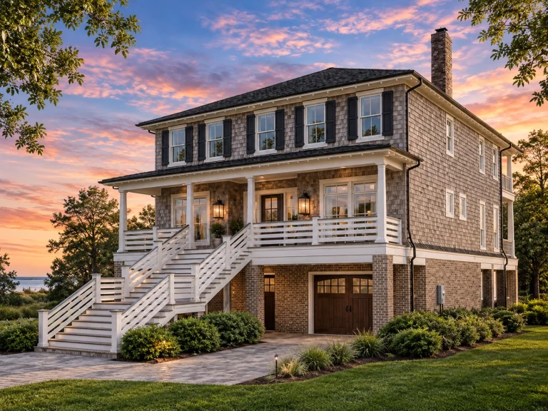 Front elevation of a Traditional Colonial style brick home with elevated porch, symmetrical windows, and double garage