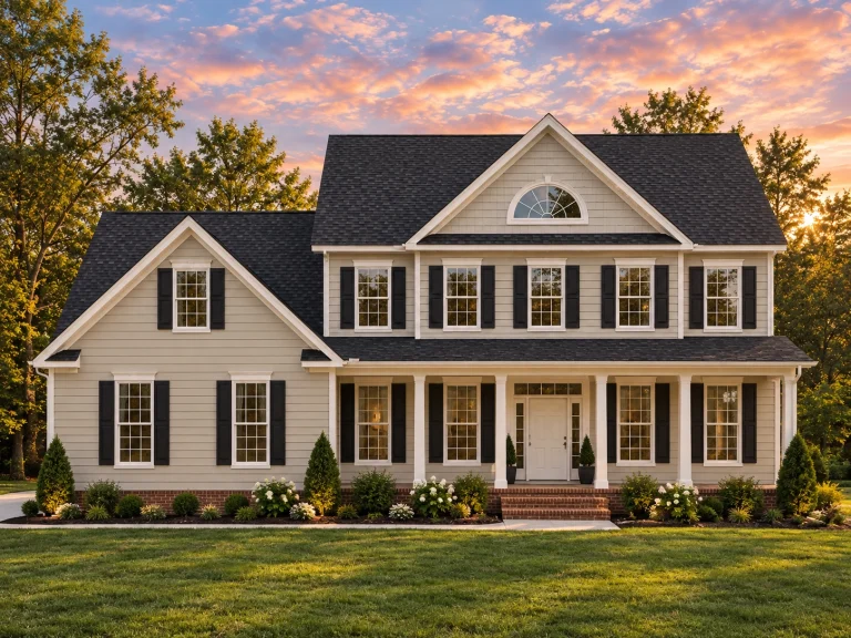 Garage Apartment Plans 6 Front elevation of a Traditional Colonial style home with horizontal siding, brick foundation accents, centered entry, and attached garage