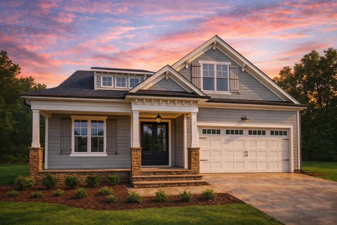 Front elevation of Craftsman ranch home with horizontal lap siding, stone base columns, gabled roof, and attached two-car garage