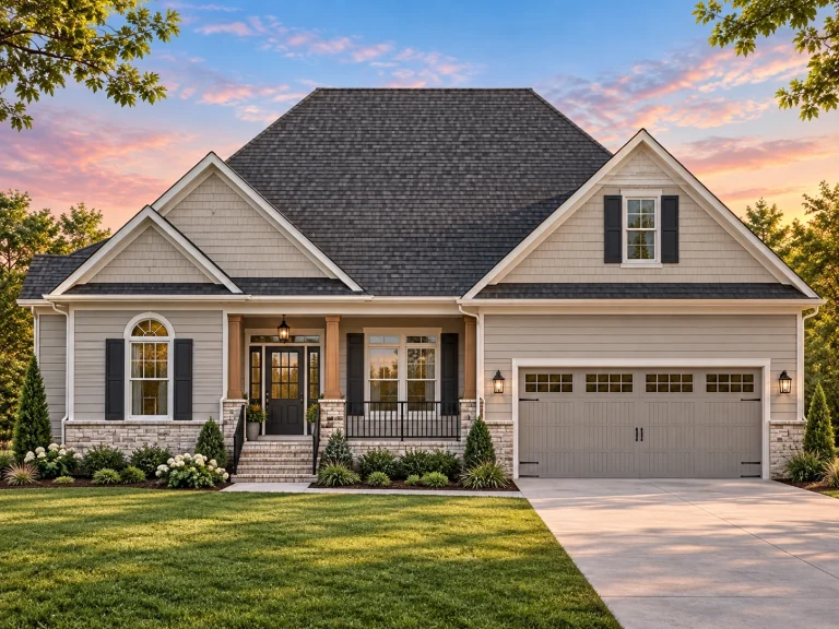 Front view of a Modern Farmhouse ranch-style home featuring white board and batten siding, brick accents, black roof, and a welcoming covered porch