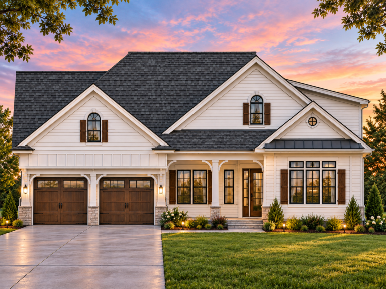 Front elevation of a Traditional Colonial style home featuring horizontal siding, stone accents, double gables, and a covered entry porch with symmetrical windows.