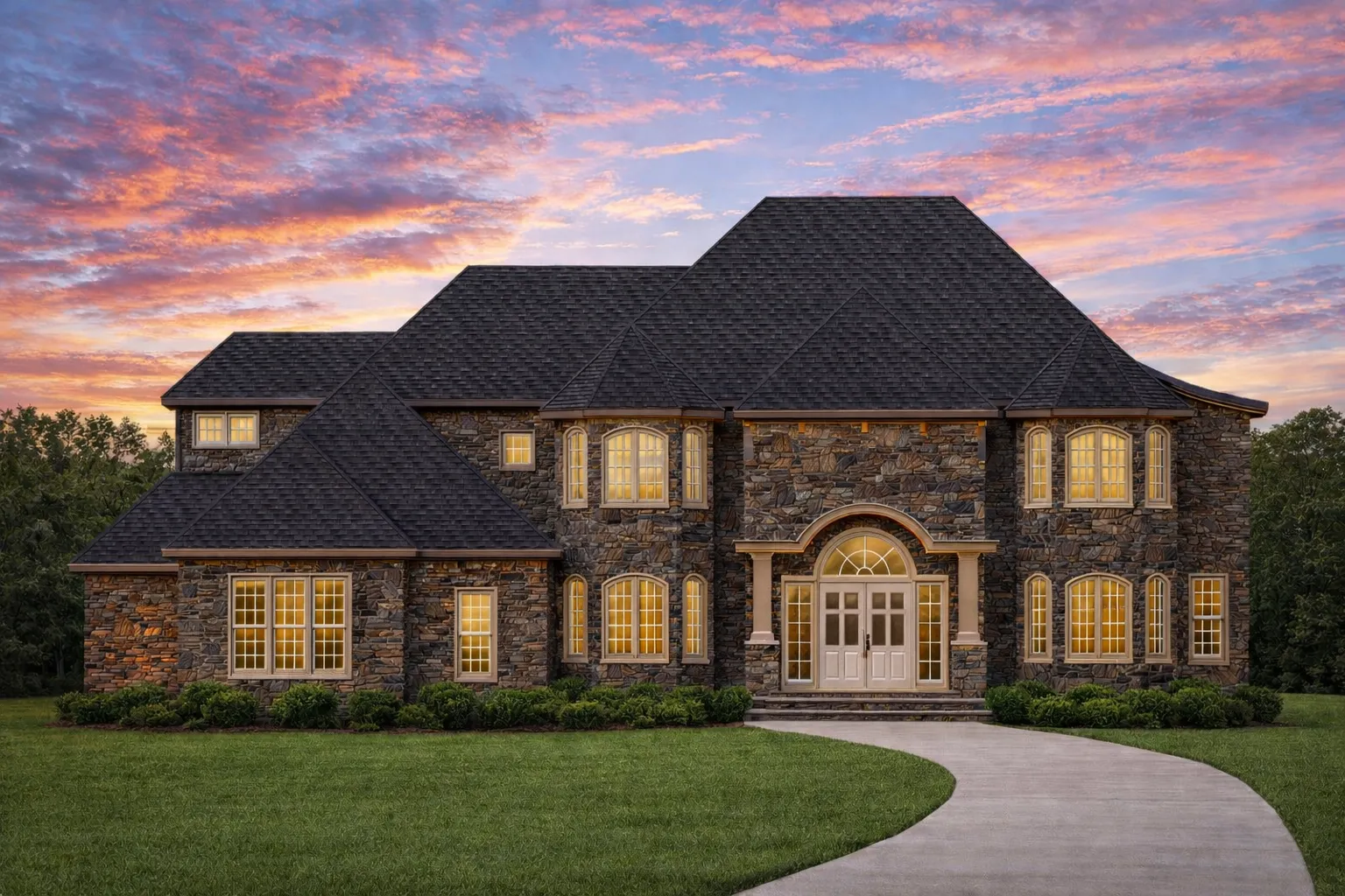 Front elevation of a Georgian Revival and Traditional Colonial brick home with stone accents, symmetrical façade, arched central entry, and hip roof