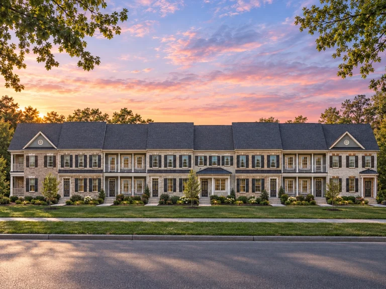 Front elevation of a Traditional Colonial rowhouse townhome featuring brick veneer accents, horizontal lap siding, shuttered windows, and covered porch entries