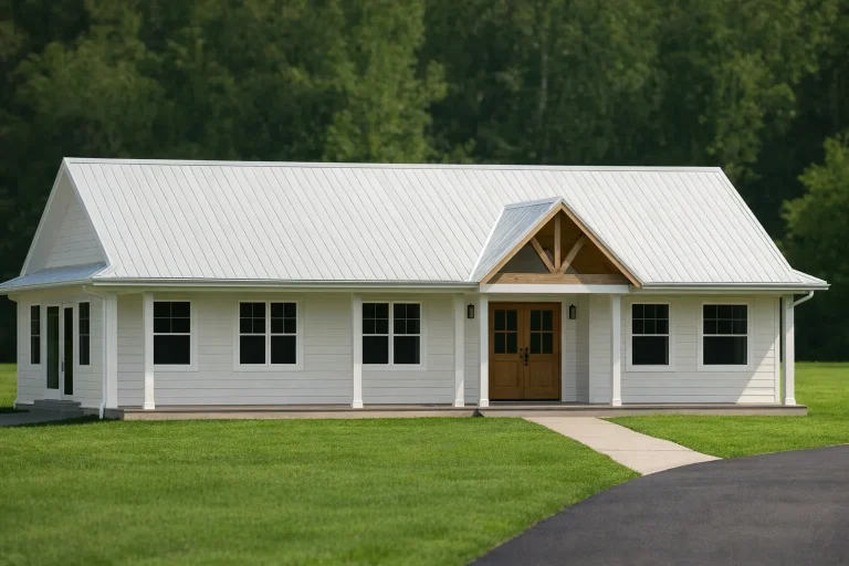 Front view of a Modern Farmhouse Ranch style home with white horizontal lap siding, black windows, and a gabled metal roof over the entry porch