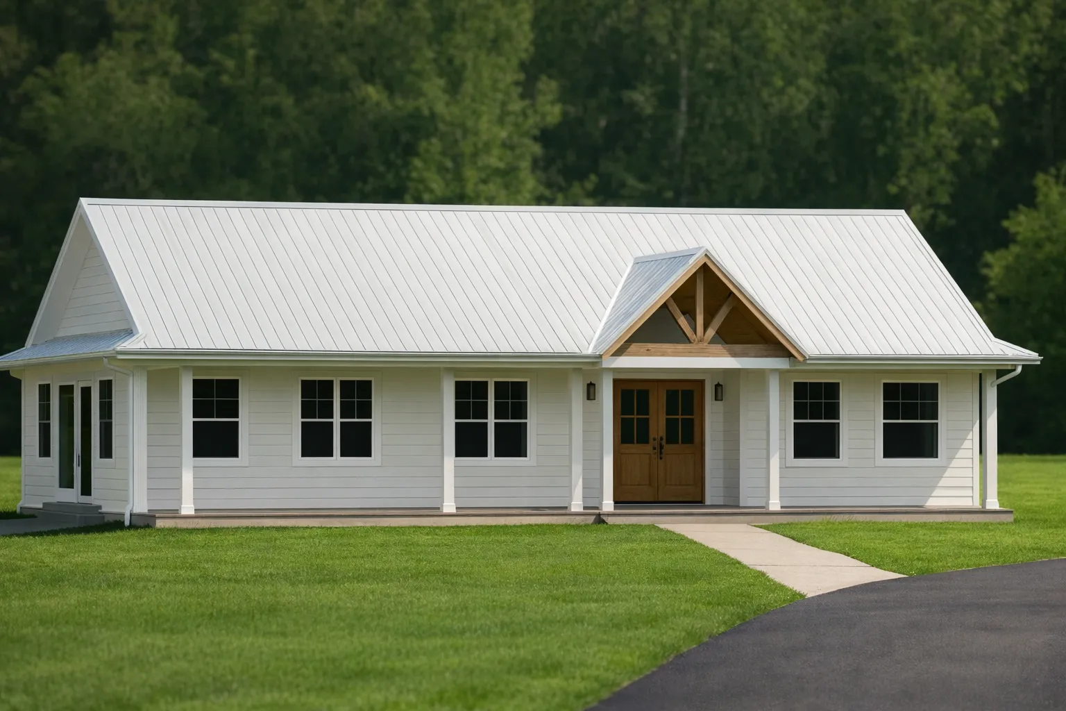 House Plans with Basement 22 Front view of a Modern Farmhouse Ranch style home with white horizontal lap siding, black windows, and a gabled metal roof over the entry porch