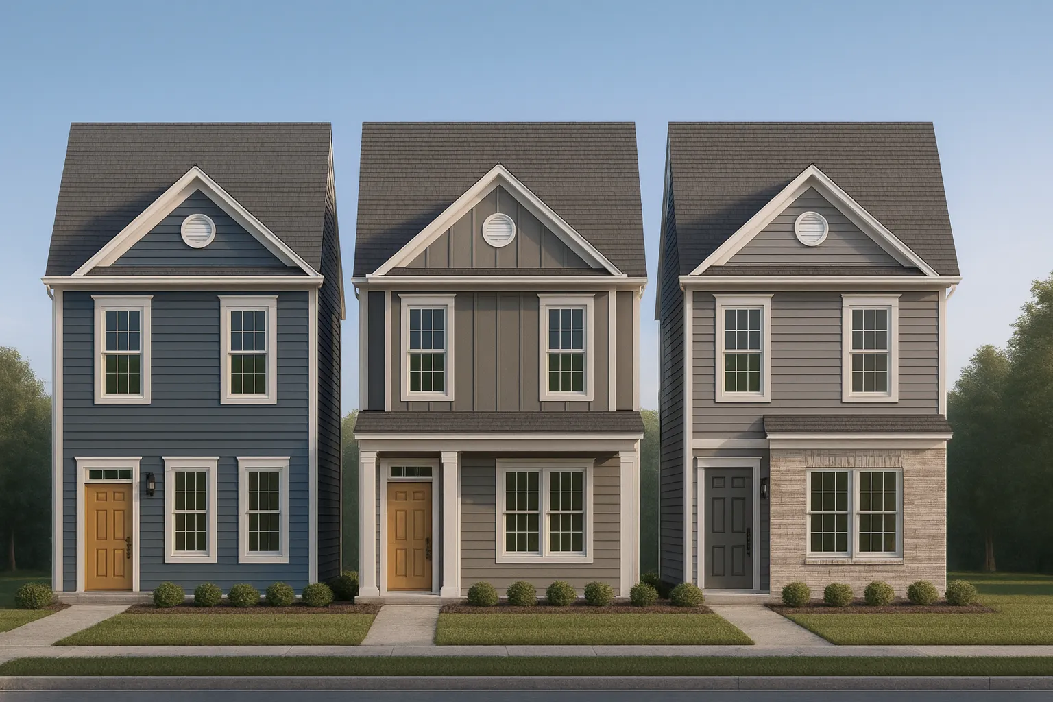 Front view of a Colonial style two-story home featuring dark horizontal siding, red shutters, and a red front door with white trim detailing